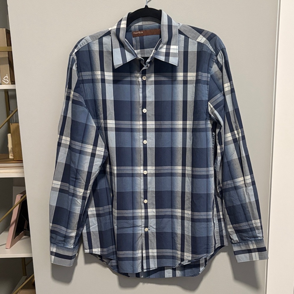 Perry Ellis Navy and Light Blue Plaid Shirt